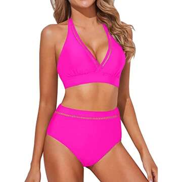 Tempt Me Women Hot Pink Two Piece Swimsuits High Waisted Bikini Sets Halter Tummy Control Bathing Suits with Full Coverage Bottoms XL