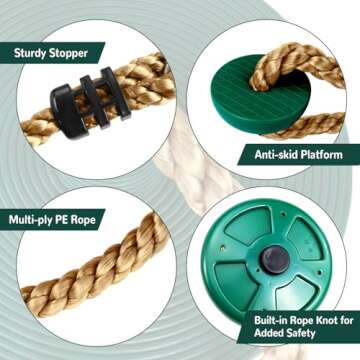 Climbing Rope with Platforms and Disc Swing Seat Set Playground Accessories Including Bonus Hanging Strap & Carabiner