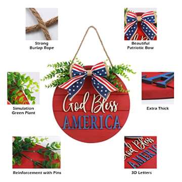 4th of July Patriotic Wreaths for Front Door, Americana Memorial Day God Bless America Patriotic Decor, Independence Day Summer Farmhouse Patriotic Door Hanger, Red White Blue Sign