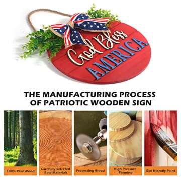 4th of July Patriotic Wreaths for Front Door, Americana Memorial Day God Bless America Patriotic Decor, Independence Day Summer Farmhouse Patriotic Door Hanger, Red White Blue Sign