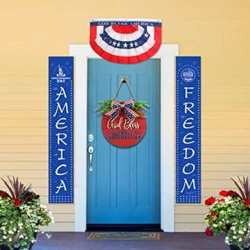 4th of July Patriotic Wreaths for Front Door, Americana Memorial Day God Bless America Patriotic Decor, Independence Day Summer Farmhouse Patriotic Door Hanger, Red White Blue Sign