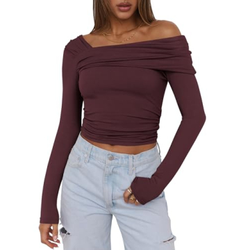 ANRABESS Women's Trendy One Off Shoulder Shirt - Long Sleeve Casual Crop Top