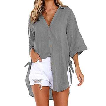 Bozanly Casual V Neck 3/4 Sleeve Button Down Shirts High Low Oversized Summer Beach Blouse Tops for ...