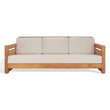 Luxurious SAFAVIEH Couture Patio Guadeloupe Natural Teak White 3-Seat Sofa