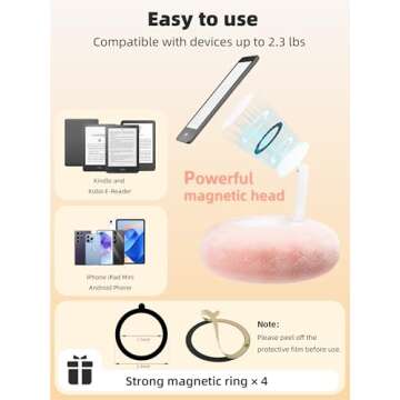 VoltifyMax Magnetic Kindle Holder with Page Turner, Cozy Pillow Kindle Stand for Reading, 360° Adjustable Phone Holder for Bed, Small Bowl for Tablet Stand with Stable Suction Base (Pink)