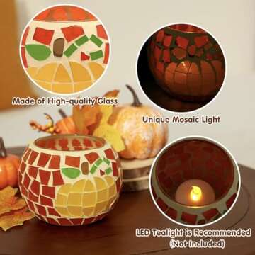 Fall Thanksgiving Candle Holder Set of 3 Mosaic Maple Leave Sunflower Tealight Holder Pumpkin Glass Votive Candle Holder Thanksgiving Party Dinner Table Centerpieces (No Candle Included)