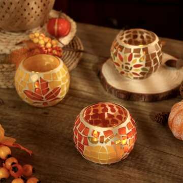 Fall Thanksgiving Candle Holder Set of 3 Mosaic Maple Leave Sunflower Tealight Holder Pumpkin Glass Votive Candle Holder Thanksgiving Party Dinner Table Centerpieces (No Candle Included)