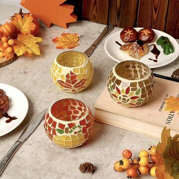 Fall Thanksgiving Candle Holder Set of 3 Mosaic Maple Leave Sunflower Tealight Holder Pumpkin Glass Votive Candle Holder Thanksgiving Party Dinner Table Centerpieces (No Candle Included)
