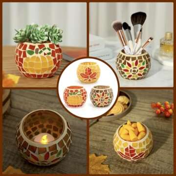 Fall Thanksgiving Candle Holder Set of 3 Mosaic Maple Leave Sunflower Tealight Holder Pumpkin Glass Votive Candle Holder Thanksgiving Party Dinner Table Centerpieces (No Candle Included)