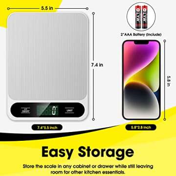 Mik-Nana Food Scale White, 22lb/10kg Digital Kitchen Scale Grams and oz for Baking Cooking and Weight Loss, 1g/0.04oz Precise Graduation, Easy Clean Stainless Steel