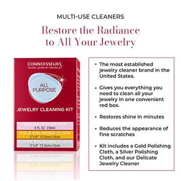 CONNOISSEURS All-Purpose Jewelry Cleaning Kit, Liquid Solution & Silver & Gold Jewelry Polishing Cloths, 8 Ounce