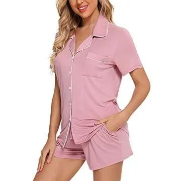 Anjue Bride Pjs Women's Short Sleeve Pajamas Cotton Nightwear Set Soft Summer Pjs Loungewear(A-Dusty Rose,M)