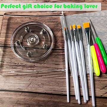 Cookie Decorating Supplies,Cake Sugar Icing Cookie Tools including 1 Acrylic Cookie Turntable,6 Cookie Decoration Brushes,1 Anti-Slip Silicone Mat and 3 Cookie Scribe Needle