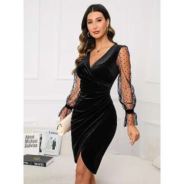 IHOT Womens Sexy Bodycon Dress for Wedding Guest Sheer Long Sleeve Cocktail Dress Deep V Neck Faux W...