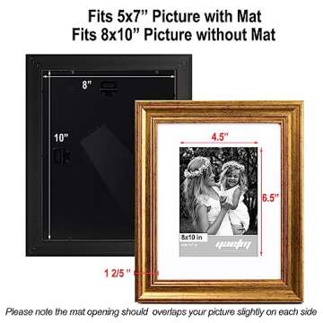 Yaetm 8x10 Picture Frame Matted to 5x7 Set of 4, 1.4” Wide Molding & Rustic Gold Photo Frames 8 x 10 with Tempered Glass, Display on Tabletop & Wall Mounting (4 pack, Gold)
