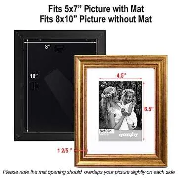 Yaetm 8x10 Picture Frame Matted to 5x7 Set of 4, 1.4” Wide Molding & Rustic Gold Photo Frames 8 x 10 with Tempered Glass, Display on Tabletop & Wall Mounting (4 pack, Gold)