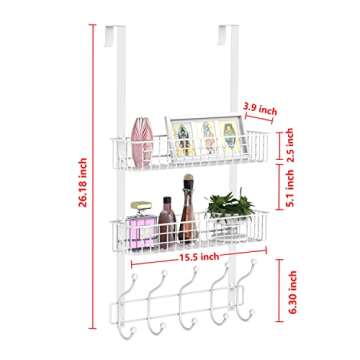 MILIJIA Coat Rack, Over the Door Hanger with Mesh Basket, Detachable Storage Shelf for Towels, Hats, Handbags, Coats (White-2 Baskets)