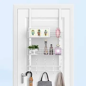 MILIJIA Coat Rack, Over the Door Hanger with Mesh Basket, Detachable Storage Shelf for Towels, Hats, Handbags, Coats (White-2 Baskets)