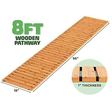 Zyppio Roll-Out Garden Pathway, 8’ Long, Straight, Weather-Resistant Walkway for Outdoor Patios, Gardens, Beach Boardwalks, and Wedding Party Events, Natural Cedar Hardwood