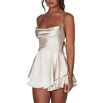 LuFeng Women's Elegant Satin A-line Summer Sleevesless Rompers Bandage Back Spaghetti Strape Tiered Mini Dress Jumpsuits