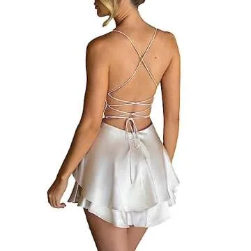 LuFeng Women's Elegant Satin A-line Summer Sleevesless Rompers Bandage Back Spaghetti Strape Tiered Mini Dress Jumpsuits