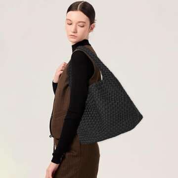 JINMANXUE Woven Purse for Women, Neoprene Top-handle Shoulder Bag, Hobo Tote, Travel Handbag, Wrist Bag For Work Shopping (Black)