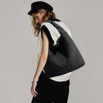 JINMANXUE Woven Purse for Women, Neoprene Top-handle Shoulder Bag, Hobo Tote, Travel Handbag, Wrist Bag For Work Shopping (Black)