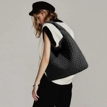 JINMANXUE Woven Purse for Women, Neoprene Top-handle Shoulder Bag, Hobo Tote, Travel Handbag, Wrist Bag For Work Shopping (Black)