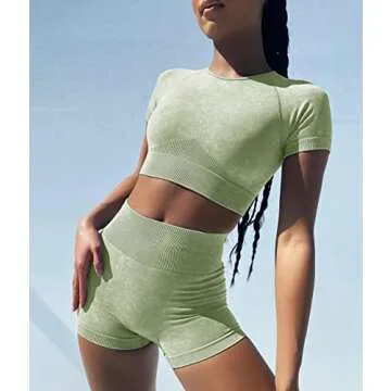 OLCHEE Womens Workout Sets 2 Piece - Seamless Acid Wash Yoga Outfits Leggings Shorts and Crop Top Matching Gym Activewear Athletic Clothing Set - Green Medium