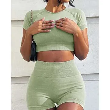 OLCHEE Womens Workout Sets 2 Piece - Seamless Acid Wash Yoga Outfits Leggings Shorts and Crop Top Matching Gym Activewear Athletic Clothing Set - Green Medium