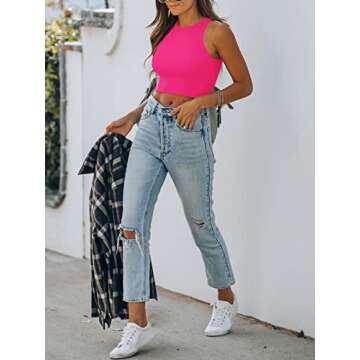 REORIA Women's Sexy Sleeveless High Neck Racerback Cropped Tank Tops Cute Teen Girls Halter Neck Crop Tops Vest Neon Rose Red Large