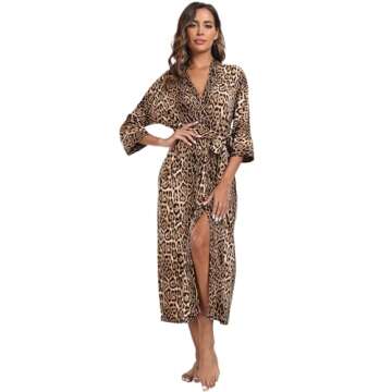 Women's Soft Robes Long Robes Modal Long Kimono Robes Leopard Print Floor Length Dressing Gown