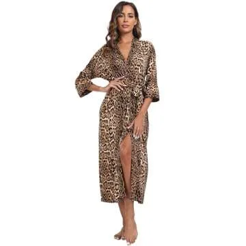 Women's Soft Robes Long Robes Modal Long Kimono Robes Leopard Print Floor Length Dressing Gown