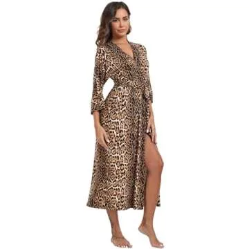 Women's Soft Robes Long Robes Modal Long Kimono Robes Leopard Print Floor Length Dressing Gown
