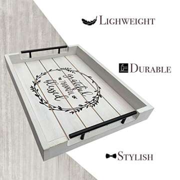 Rustic Ottoman Tray - Large Rectangle 17x13” Wooden Serving Coffee Trays with Metal Handles for Ho...