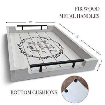 Rustic Ottoman Tray - Large Rectangle 17x13” Wooden Serving Coffee Trays with Metal Handles for Home Decorations Vintage & Farmhouse Style, Table, Kitchen, Living Room, Breakfast (White)