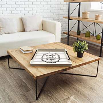 Rustic Ottoman Tray - Large Rectangle 17x13” Wooden Serving Coffee Trays with Metal Handles for Home Decorations Vintage & Farmhouse Style, Table, Kitchen, Living Room, Breakfast (White)