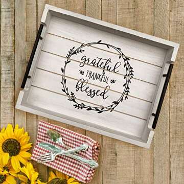 Rustic Ottoman Tray - Large Rectangle 17x13” Wooden Serving Coffee Trays with Metal Handles for Home Decorations Vintage & Farmhouse Style, Table, Kitchen, Living Room, Breakfast (White)