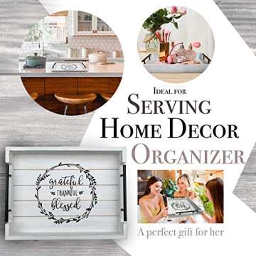 Rustic Ottoman Tray - Large Rectangle 17x13” Wooden Serving Coffee Trays with Metal Handles for Home Decorations Vintage & Farmhouse Style, Table, Kitchen, Living Room, Breakfast (White)