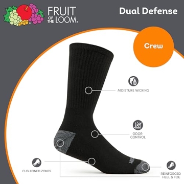 Fruit of the Loom Men's Dual Defense Crew Socks - 12 Pack in Black, Medium Size