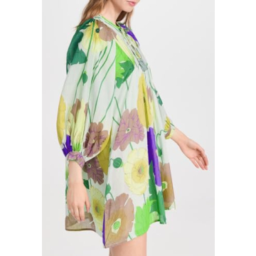 Women Boho Babydoll Short Dress Vintage Floral V Neck Mini Shirt Dress Bohemian Puff Sleeve Flowy Summer Sundress(Grass Green,Small)