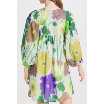 Women Boho Babydoll Short Dress Vintage Floral V Neck Mini Shirt Dress Bohemian Puff Sleeve Flowy Summer Sundress(Grass Green,Small)