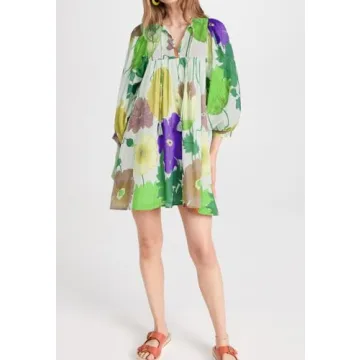 Women Boho Babydoll Short Dress Vintage Floral V Neck Mini Shirt Dress Bohemian Puff Sleeve Flowy Summer Sundress(Grass Green,Small)