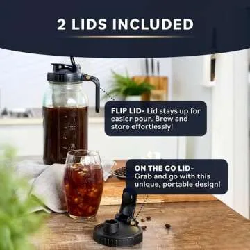Cold Brew Coffee Maker with Heavy Duty Glass Body & 2 Lids - Iced Tea Machines with Stainless Steel Filter - Iced Coffee Maker - Cold Brew Mason Jar Pitcher with Flip Cap Lid (64 oz / 2 quart, Black)