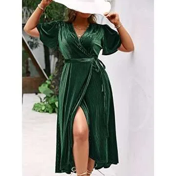 BerryGo Women's Plus Size Velvet Wrap Dress V Neck Cocktail Short Sleeve semi Formal Maxi Dress Emerald Green 3XL