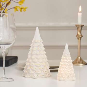 Light Up Ceramic Christmas Tree, 2 Pack Lighted Porcelain Christmas Tree with Dots Cutouts, Matte White Small Xmas Tree Table Centerpiece Xmas Tree Figurines for Tabletop Decor