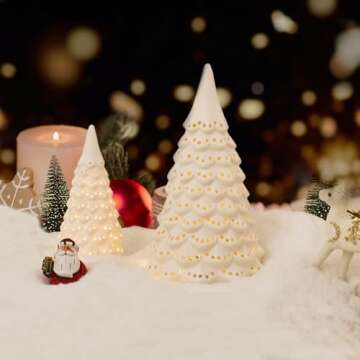 Light Up Ceramic Christmas Tree, 2 Pack Lighted Porcelain Christmas Tree with Dots Cutouts, Matte White Small Xmas Tree Table Centerpiece Xmas Tree Figurines for Tabletop Decor
