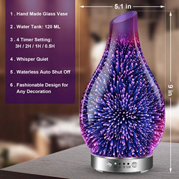 MAXWINER 3D Glass Essential Oil Diffuser Auto Shut-Off LED