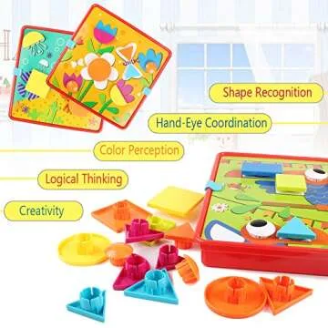 AMOSTING Early Learning Educational Button Art Toys for Toddler, Color & Geometry Shape Matching Mosaic Puzzle Peg Board Games for Preschool Kids