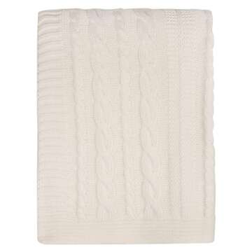 Delara Organic Cotton Throw Blanket 50x70 inches, GOTS Certified Cable Knitted Throws Blanket for Sofa Couch Bed, Baby Nursery, Lightweight Cozy Warm Decorative Blanket All Season Use (Ivory)
